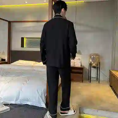 兰缪 卡通印花翻领单排扣长袖睡衣套装 男款 黑色