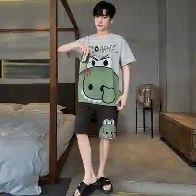 兰缪 卡通恐龙字母印花圆领套头短袖睡衣套装 男款 灰白