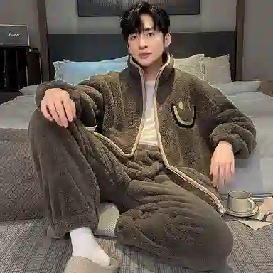 兰缪 珊瑚绒笑脸休闲加厚加绒家居服可外穿睡衣套装 男款 棕色