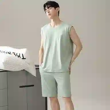 兰缪 撞色圆领无袖背心中腰裤子睡衣套装 男款 灰色