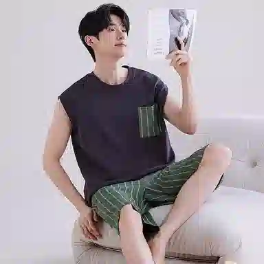 兰缪 撞色圆领无袖背心中腰裤子睡衣套装 男款 灰色