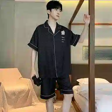兰缪 简约亲肤舒适凉感翻领短袖开衫休闲可外穿短裤睡衣套装 男款 黑色