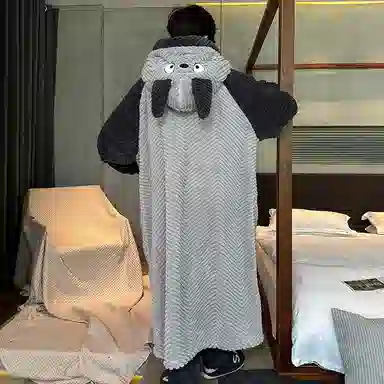 兰缪 秋冬季珊瑚绒男生 睡衣 卡通大象加厚加绒可外穿家居服睡衣套装 男款 黑色