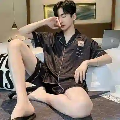 兰缪 简约亲肤舒适凉感翻领短袖开衫休闲可外穿短裤睡衣套装 男款 黑色