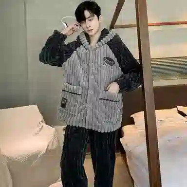 兰缪 秋冬季珊瑚绒睡衣 加厚加绒家居服 家居套装  男款  黑色