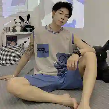 兰缪 撞色圆领无袖背心中腰裤子睡衣套装 男款 灰色