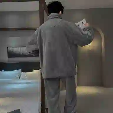 兰缪 秋冬季珊瑚绒男生睡衣 学生宿舍运动休闲加厚加绒家居服可外穿 家居套装  男款  白色