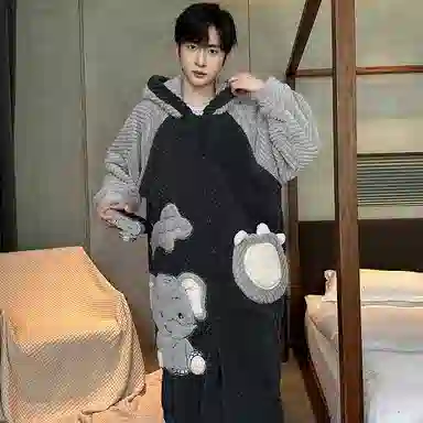 兰缪 秋冬季珊瑚绒男生 睡衣 卡通大象加厚加绒可外穿家居服睡衣套装 男款 黑色