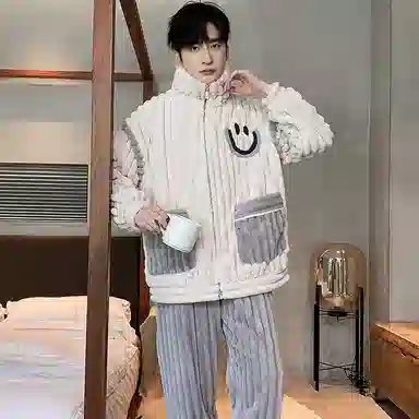 兰缪 秋冬季珊瑚绒男生睡衣 学生宿舍运动休闲加厚加绒家居服可外穿 家居套装  男款  白色