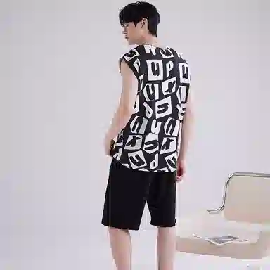 兰缪 撞色圆领无袖背心中腰裤子睡衣套装 男款 灰色