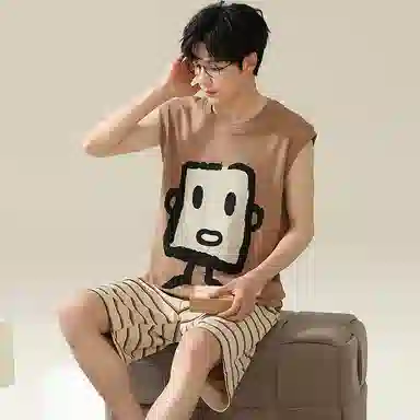 兰缪 卡通印花圆领套头无袖格子短裤睡衣套装 男款 褐色