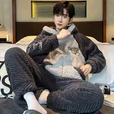 兰缪 秋冬季珊瑚绒睡衣 加厚加绒家居服 家居套装  男款  黑色