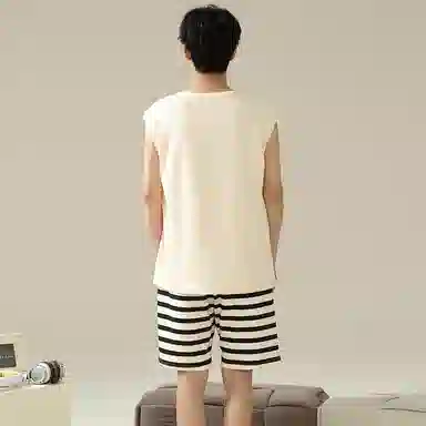 兰缪 撞色圆领无袖背心中腰裤子睡衣套装 男款 灰色