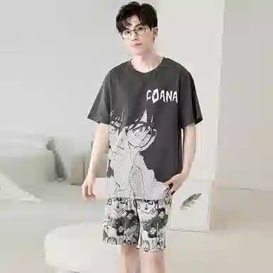 兰缪 卡通字母印花圆领套头短袖睡衣套装 男款 黑色