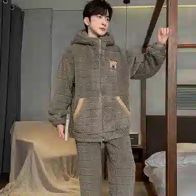 兰缪 秋冬季珊瑚绒睡衣 加厚加绒家居服 家居套装  男款  黑色