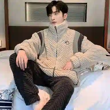 兰缪 秋冬季珊瑚绒男生睡衣 学生宿舍运动休闲加厚加绒家居服可外穿 家居套装  男款  白色