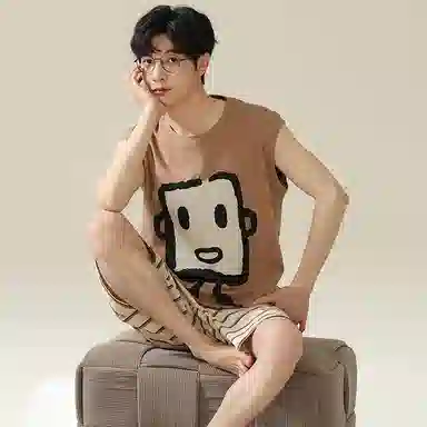 兰缪 撞色圆领无袖背心中腰裤子睡衣套装 男款 灰色