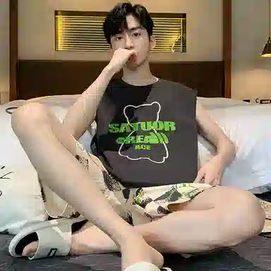 兰缪 撞色圆领无袖背心中腰裤子睡衣套装 男款 灰色