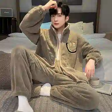 兰缪 秋冬季珊瑚绒男生睡衣 学生宿舍运动休闲加厚加绒家居服可外穿 家居套装  男款  白色