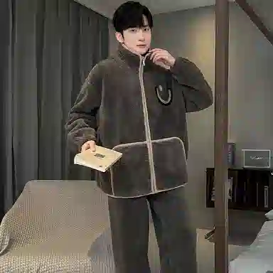 兰缪 秋冬季珊瑚绒男生睡衣 学生宿舍运动休闲加厚加绒家居服可外穿 家居套装  男款  白色