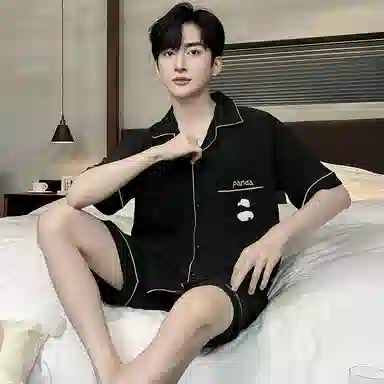 兰缪 简约休闲翻领短袖上衣松紧腰短裤睡衣套装 男款 黑色