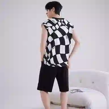 兰缪 撞色圆领无袖背心中腰裤子睡衣套装 男款 灰色