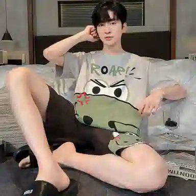 兰缪 卡通恐龙字母印花圆领套头短袖睡衣套装 男款 灰白