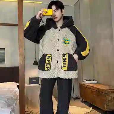 兰缪 秋冬季珊瑚绒睡衣 加厚加绒家居服 家居套装  男款  黑色