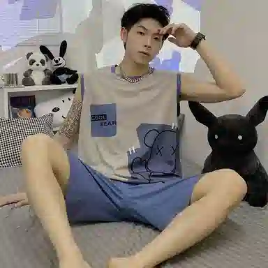 兰缪 撞色圆领无袖背心中腰裤子睡衣套装 男款 灰色