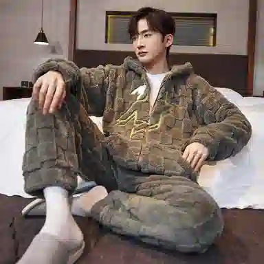 兰缪 秋冬季珊瑚绒睡衣 加厚加绒家居服 家居套装  男款  黑色