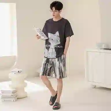 兰缪 卡通字母印花圆领套头短袖短裤睡衣套装 男款 灰色