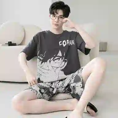 兰缪 卡通字母印花圆领套头短袖睡衣套装 男款 黑色