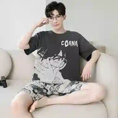 兰缪 卡通字母印花圆领套头短袖睡衣套装 男款 黑色