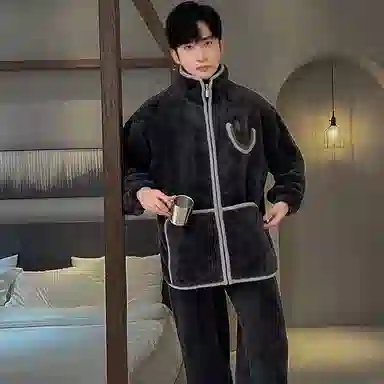 兰缪 秋冬季珊瑚绒男生睡衣 学生宿舍运动休闲加厚加绒家居服可外穿 家居套装  男款  白色