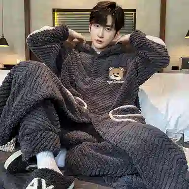 兰缪 秋冬季珊瑚绒男生 睡衣 卡通大象加厚加绒可外穿家居服睡衣套装 男款 黑色