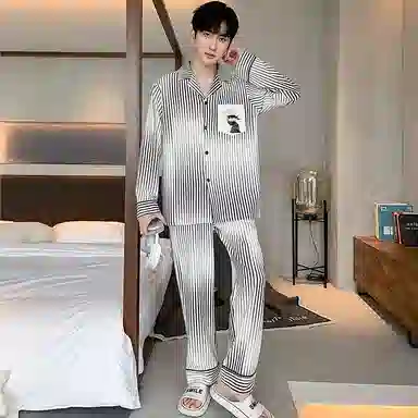 兰缪 条纹休闲宽松家居纽扣翻领睡衣套装 男款 灰白色