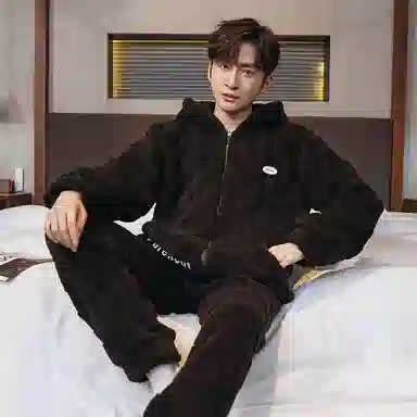 兰缪 秋冬季珊瑚绒睡衣 加厚加绒家居服 家居套装  男款  黑色