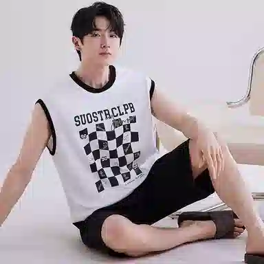 兰缪 撞色圆领无袖背心中腰裤子睡衣套装 男款 灰色