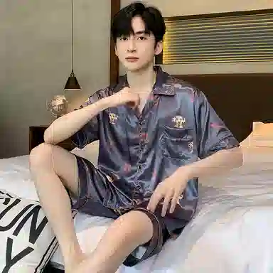 兰缪 休闲字母印花宽松翻领短袖上衣松紧腰短裤睡衣套装 男款 蓝色