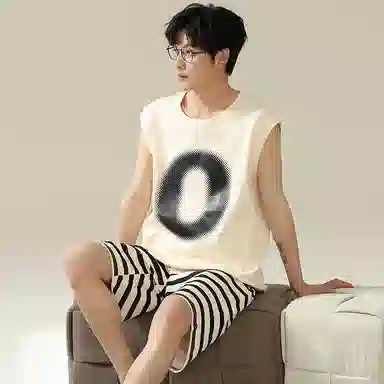 兰缪 撞色圆领无袖背心中腰裤子睡衣套装 男款 灰色