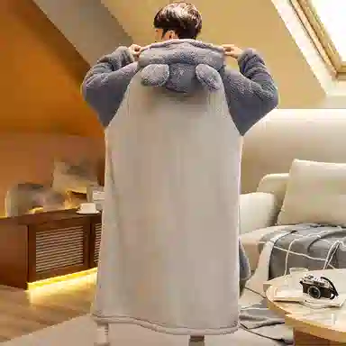 兰缪 秋冬季珊瑚绒男生 睡衣 卡通大象加厚加绒可外穿家居服睡衣套装 男款 黑色