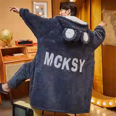 兰缪 秋冬季珊瑚绒男生 睡衣 卡通大象加厚加绒可外穿家居服睡衣套装 男款 黑色