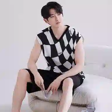 兰缪 撞色圆领无袖背心中腰裤子睡衣套装 男款 灰色