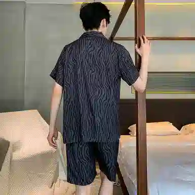 兰缪 简约凉感休闲可外穿短袖翻领上衣松紧腰短裤睡衣套装 男款 高级黑