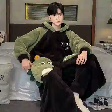 兰缪 秋冬季珊瑚绒男生 睡衣 卡通大象加厚加绒可外穿家居服睡衣套装 男款 黑色