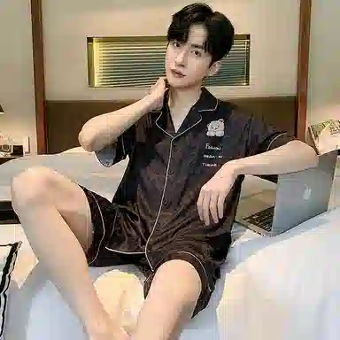 兰缪 简约亲肤舒适凉感翻领短袖开衫休闲可外穿短裤睡衣套装 男款 黑色