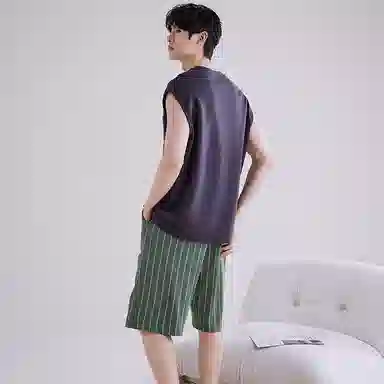 兰缪 撞色圆领无袖背心中腰裤子睡衣套装 男款 灰色