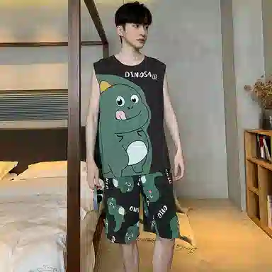 兰缪 撞色圆领无袖背心中腰裤子睡衣套装 男款 灰色