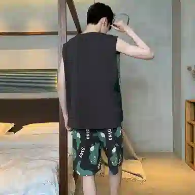 兰缪 撞色圆领无袖背心中腰裤子睡衣套装 男款 灰色