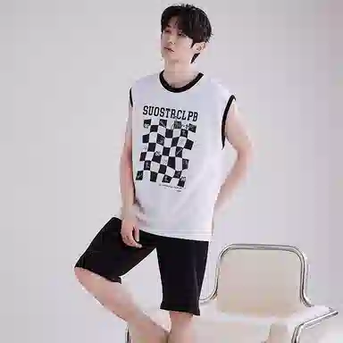 兰缪 撞色圆领无袖背心中腰裤子睡衣套装 男款 灰色